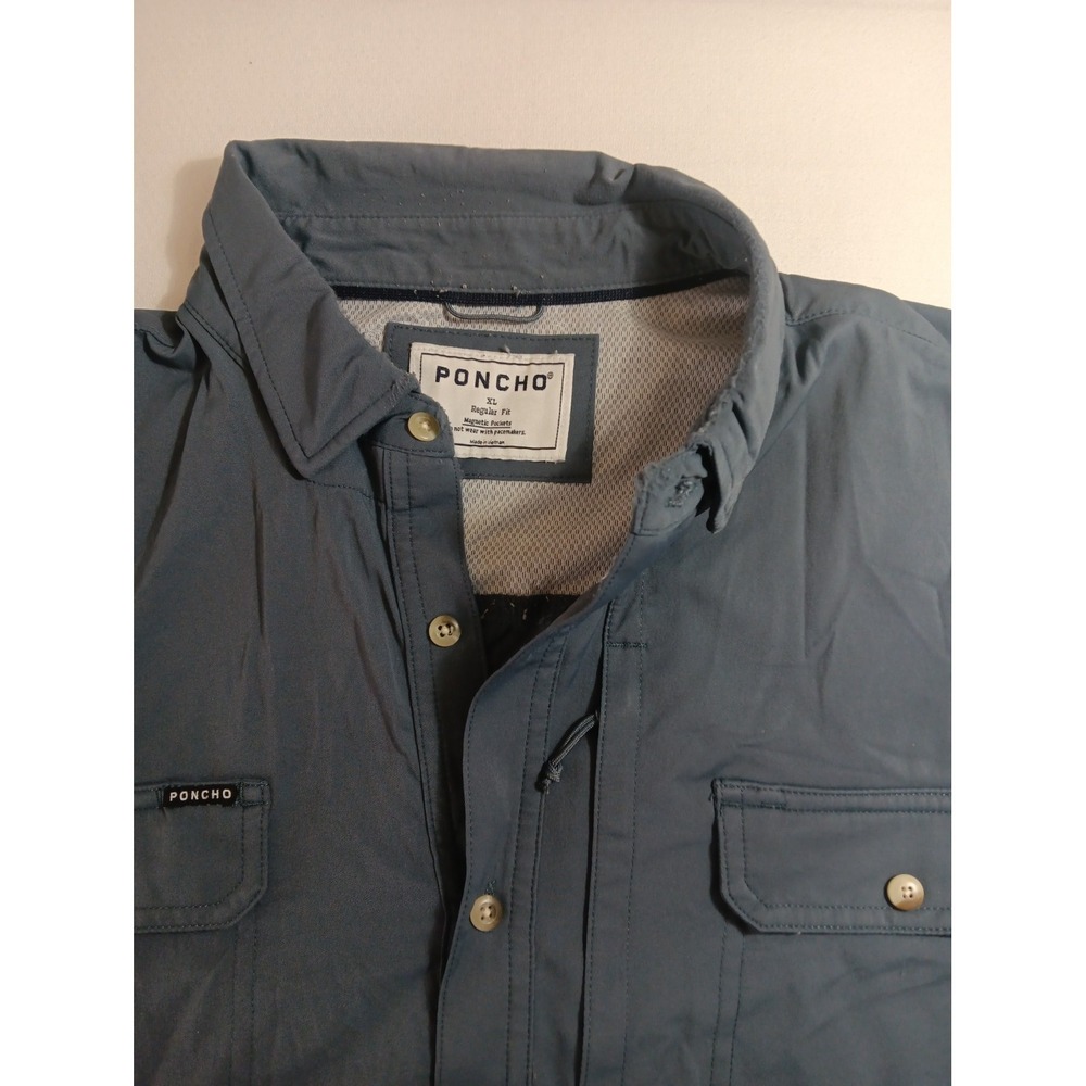 Poncho Outdoors Shirt Mens XL Gray Blue Short Sleeve Magnetic Pocket Vented 3004